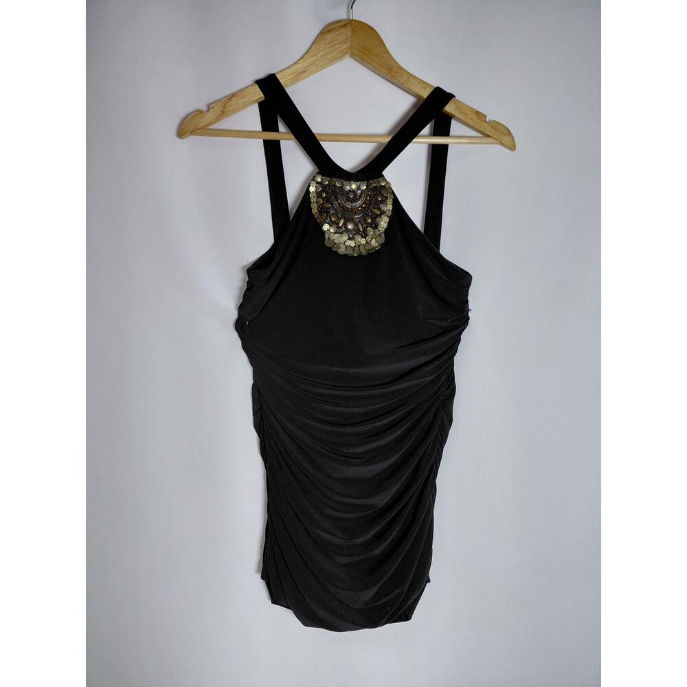 Linda Segal 2070-1 Beaded Black Dress Solid Knit Short Sleeveless Women Size S